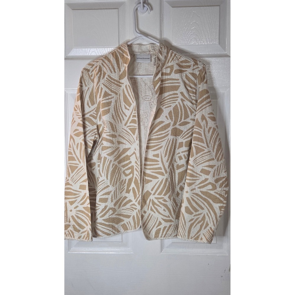 Alfred Dunner Tan White Leaf Print Open Front Cotton Jacket Size 12 Seersucker